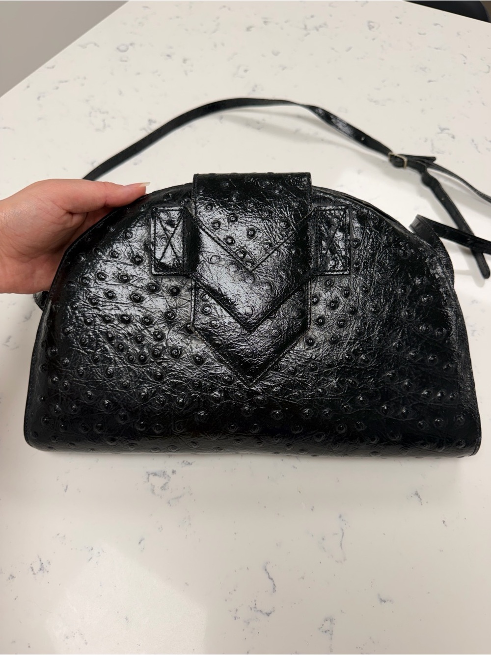 Vintage Paquetage Paris Ostrich Embossed Leather Shoulder Bag Made in France